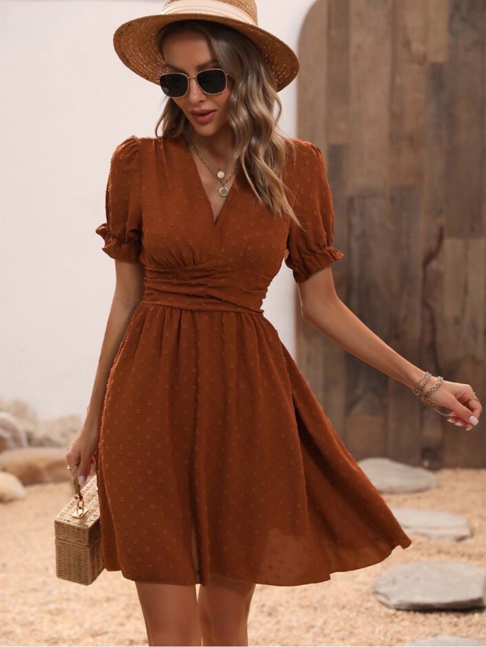 SHEIN Rust Orange V-Neck Breezaya Swiss Dot Puff Sleeve Midi Dress
